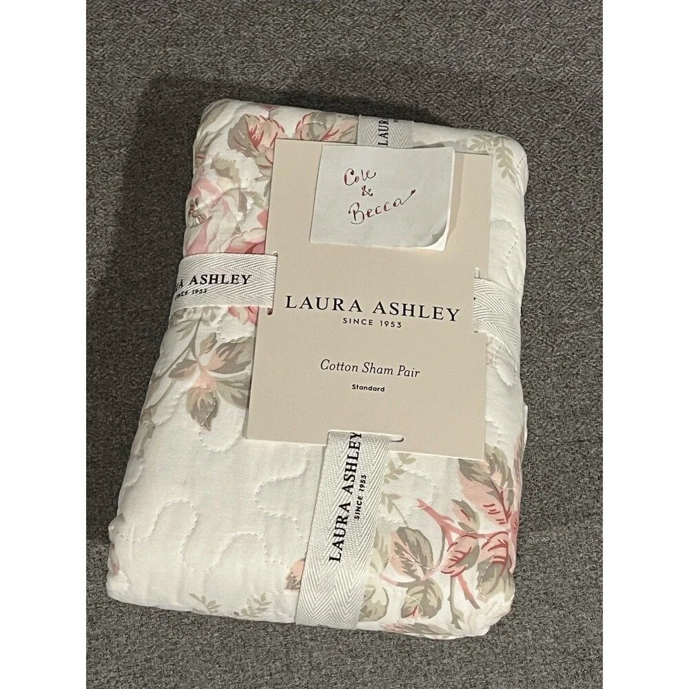 Laura Ashley Linley Stripe Pink Cotton Sham Pair Standard Floral Pillow Shams
